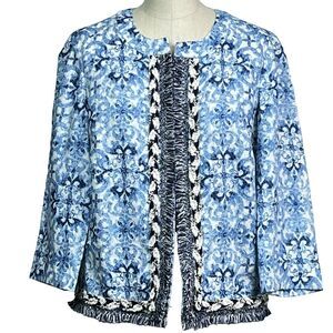Chico's Paisley Printed 100% Linen Jacket  Open Front Blue White Braided Size 0